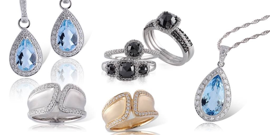 Jewelry: Earrings and a pendant with teardrop blue stones, rings with black stones, and a gold ring.