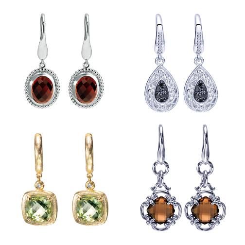 Four pairs of gemstone drop earrings: garnet, black diamond, peridot, and smoky quartz.
