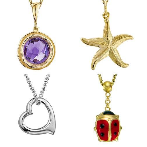 Four pendant necklaces: amethyst in gold, gold starfish, silver heart, ladybug in gold.