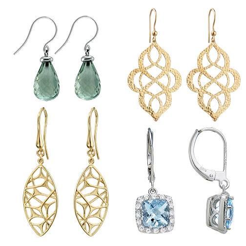 Six pairs of earrings: green teardrops, gold filigree, a square blue stone, and an ornate gold design.