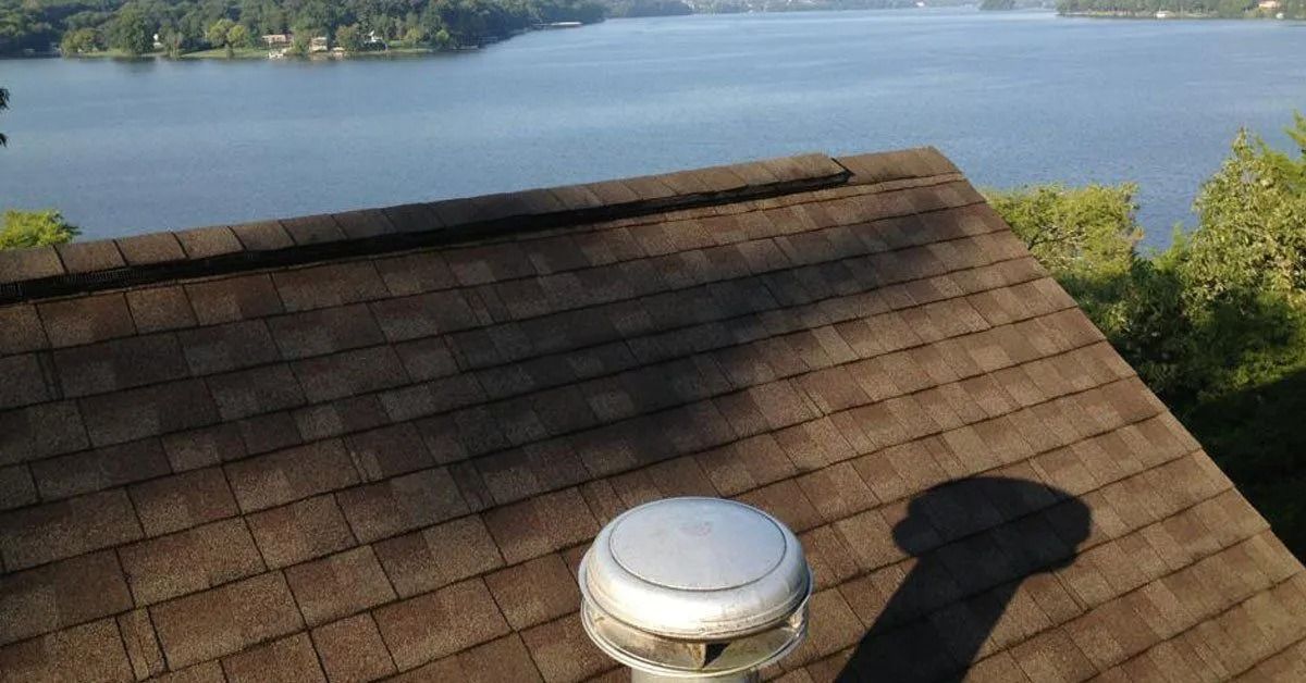Roof shingles with a white vent in the foreground, overlooking a lake and trees in the distance