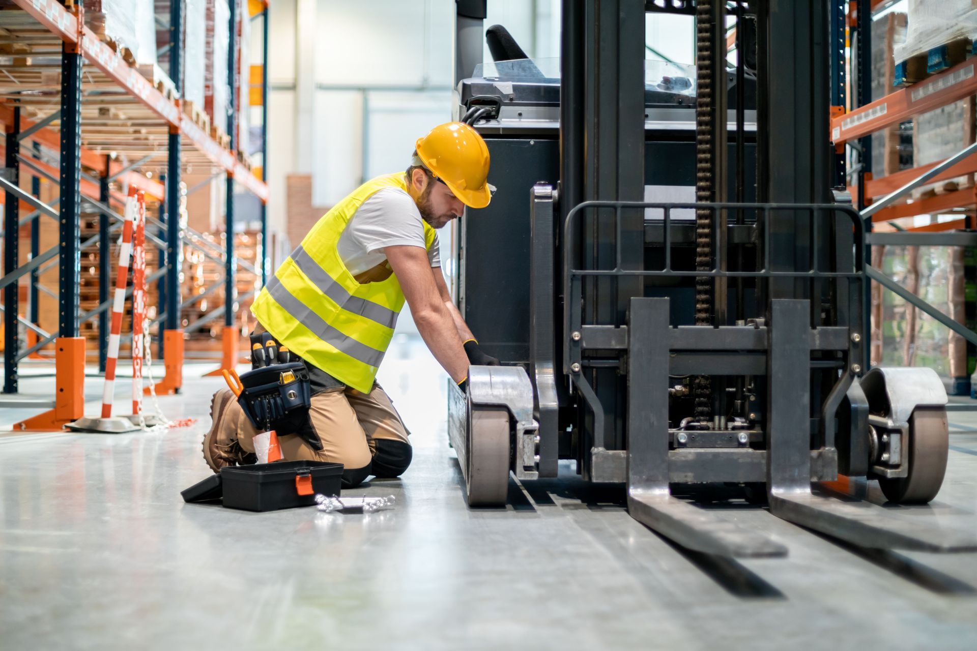 A worker in a yellow safety vest and hard hat kneels on a warehouse floor to repair a forklift.