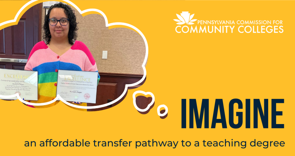 Woman holding papers, imagining an affordable teaching degree. Yellow background, thought bubble.