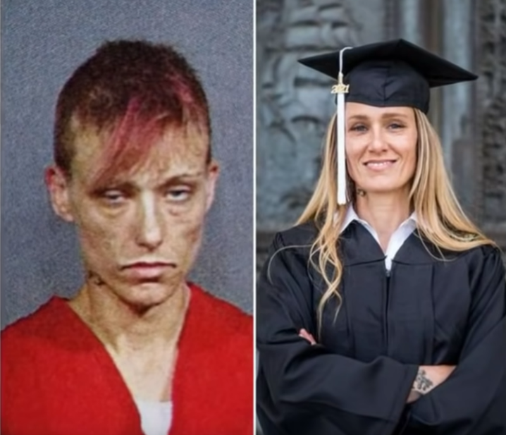 Side-by-side: Person in orange prison uniform with gaunt face, then person in graduation cap and gown, smiling.