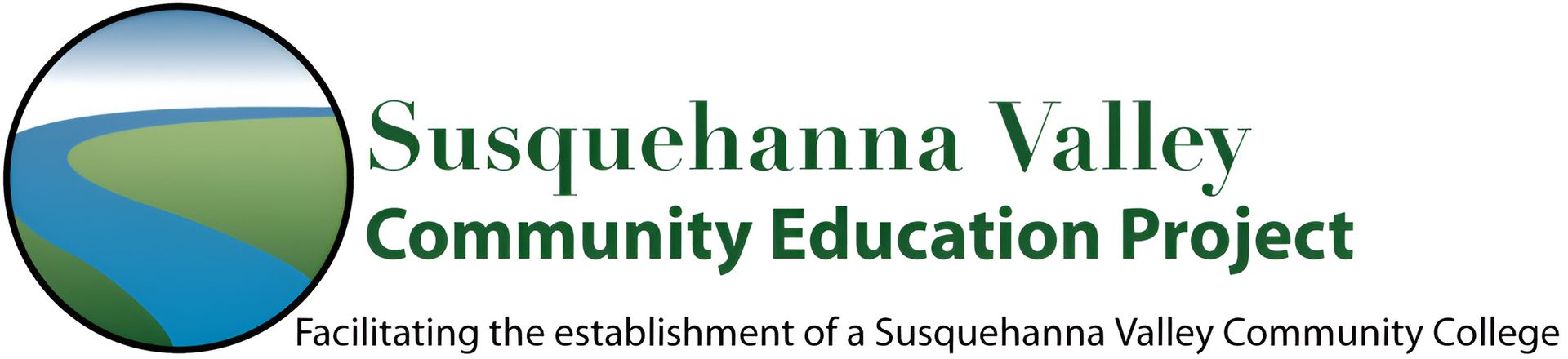 Logo for Susquehanna Valley Community Education Project with a river flowing through a green landscape.
