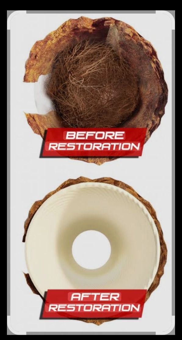 Split view of a rough, coconut-like object before and after a cleaning restoration, showing a smooth, white interior.