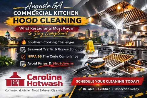 Commercial kitchen hood cleaning ad with stainless steel grills and Augusta, GA branding