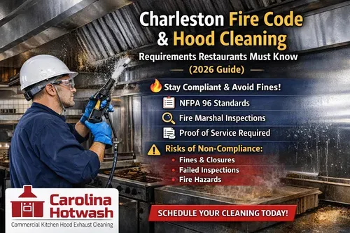 Charleston fire code and hood cleaning ad with worker inspecting restaurant exhaust hood and safety warnings