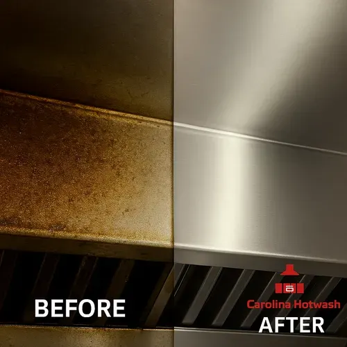 Before-and-after of a cleaned metal surface, showing dark grime on the left and a shiny finish on the right.