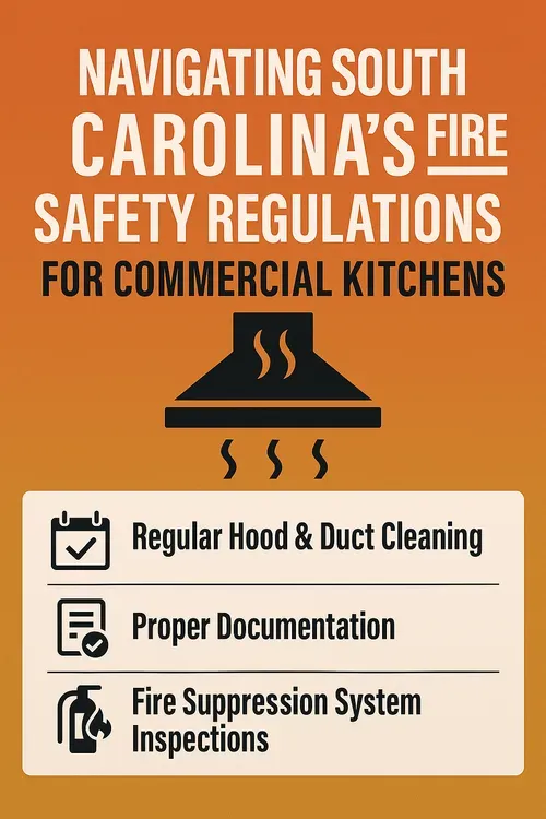 Orange poster about South Carolina commercial kitchen fire safety regulations, listing hood cleaning, documentation, and inspections