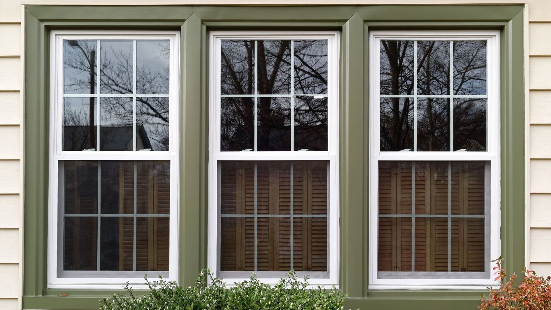Three windows on a house with green trim and shutters