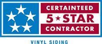 The logo for a certainteed 5-star contractor vinyl siding company.
