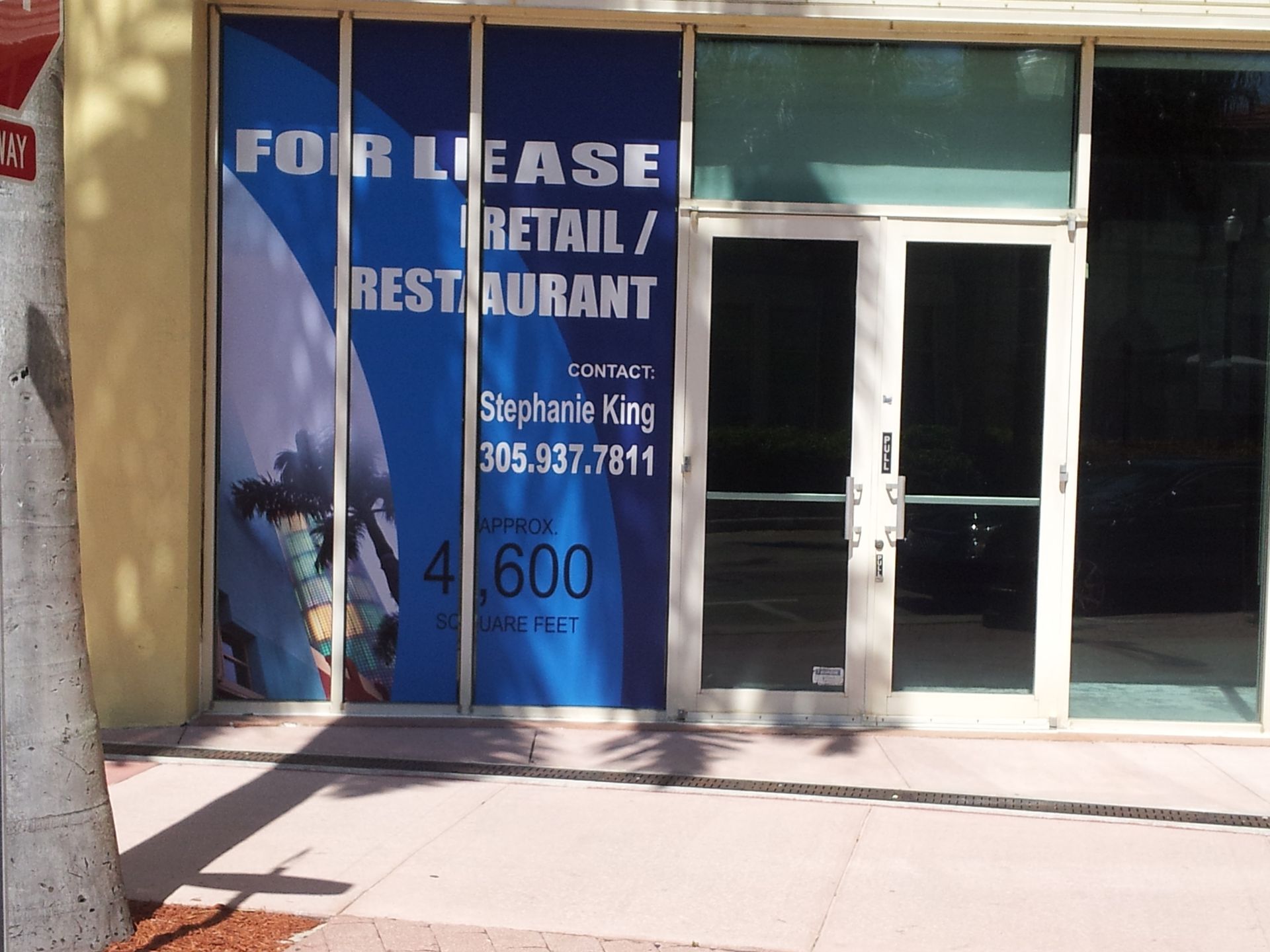 For lease sign on a storefront window advertising retail or restaurant space with contact phone number 305.937.7611.
