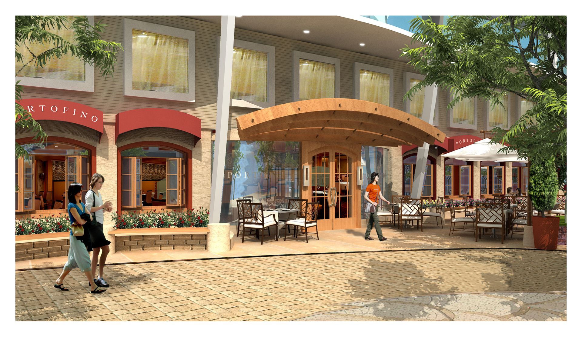 A rendering of a storefront entrance with an outdoor patio, seating, and people walking along a stone-paved path.