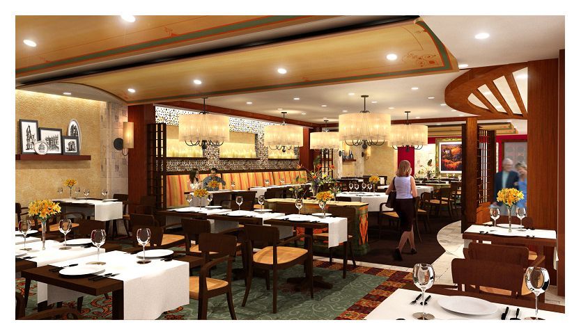 A well-lit, elegant restaurant dining room featuring multiple tables with white linens, chairs, and modern chandeliers.