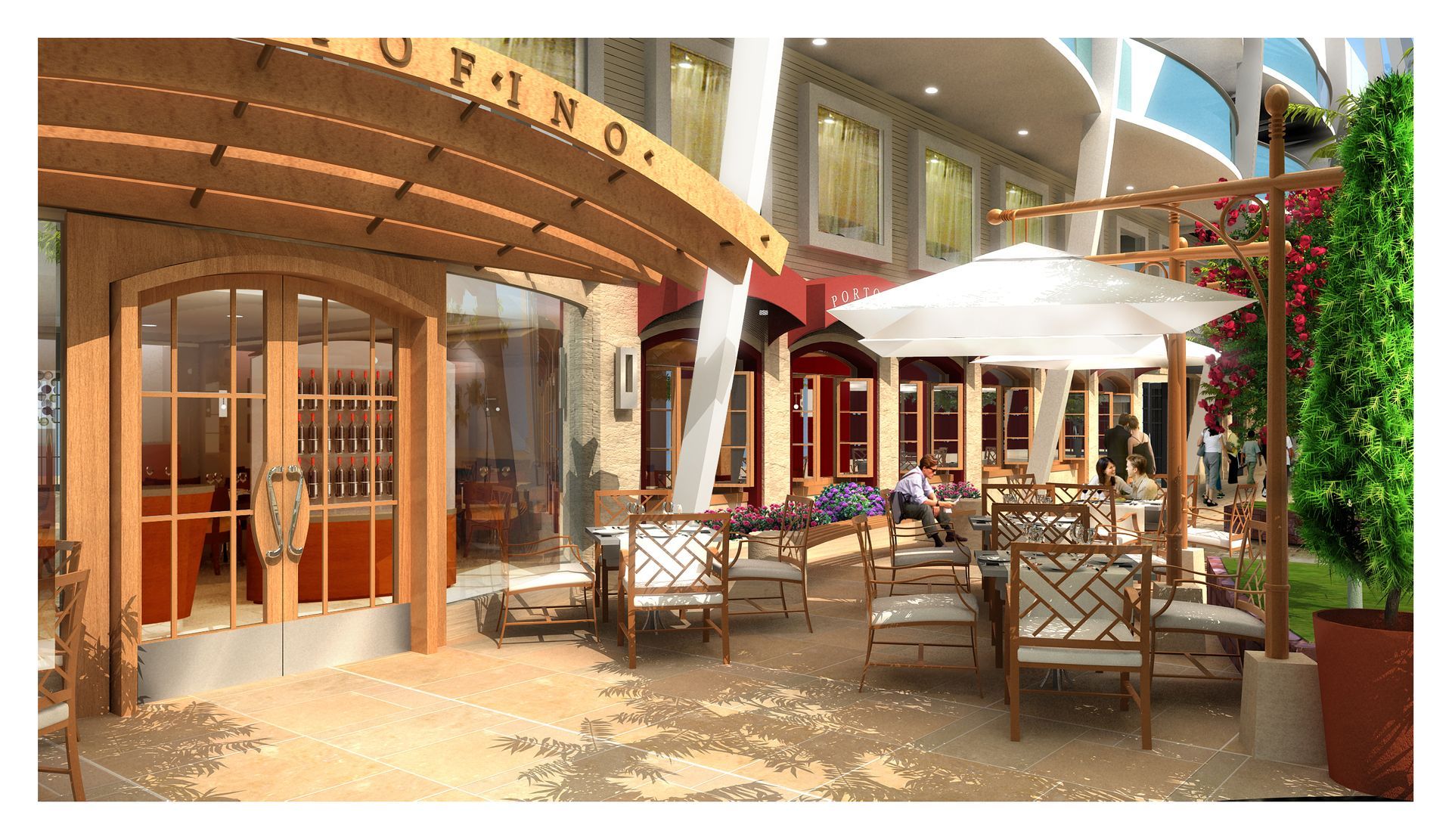 Outdoor patio seating area with wooden chairs and tables under white umbrellas in front of a storefront.