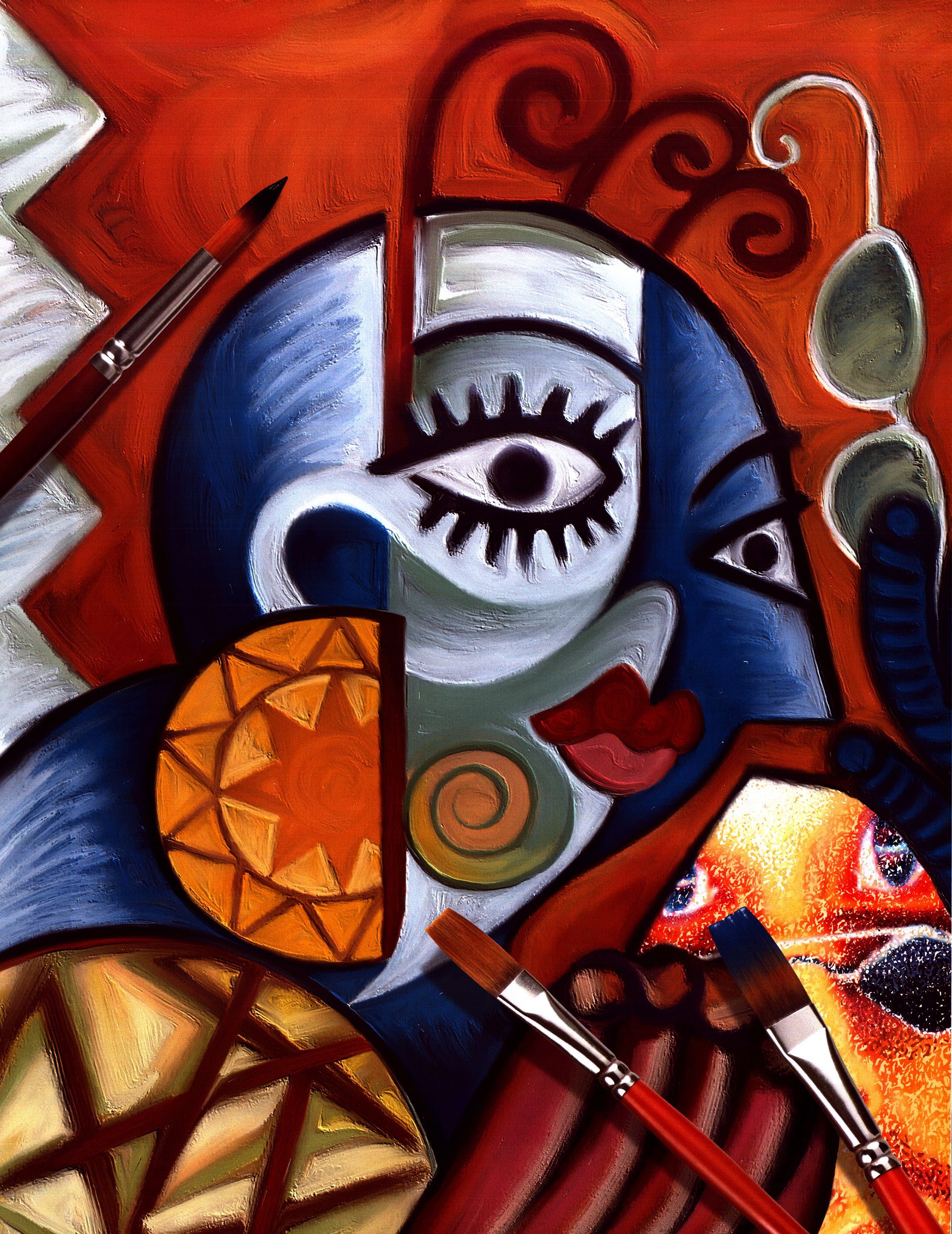 A cubist-style painting featuring a colorful, fragmented face, artist brushes, and geometric patterns on a red background.