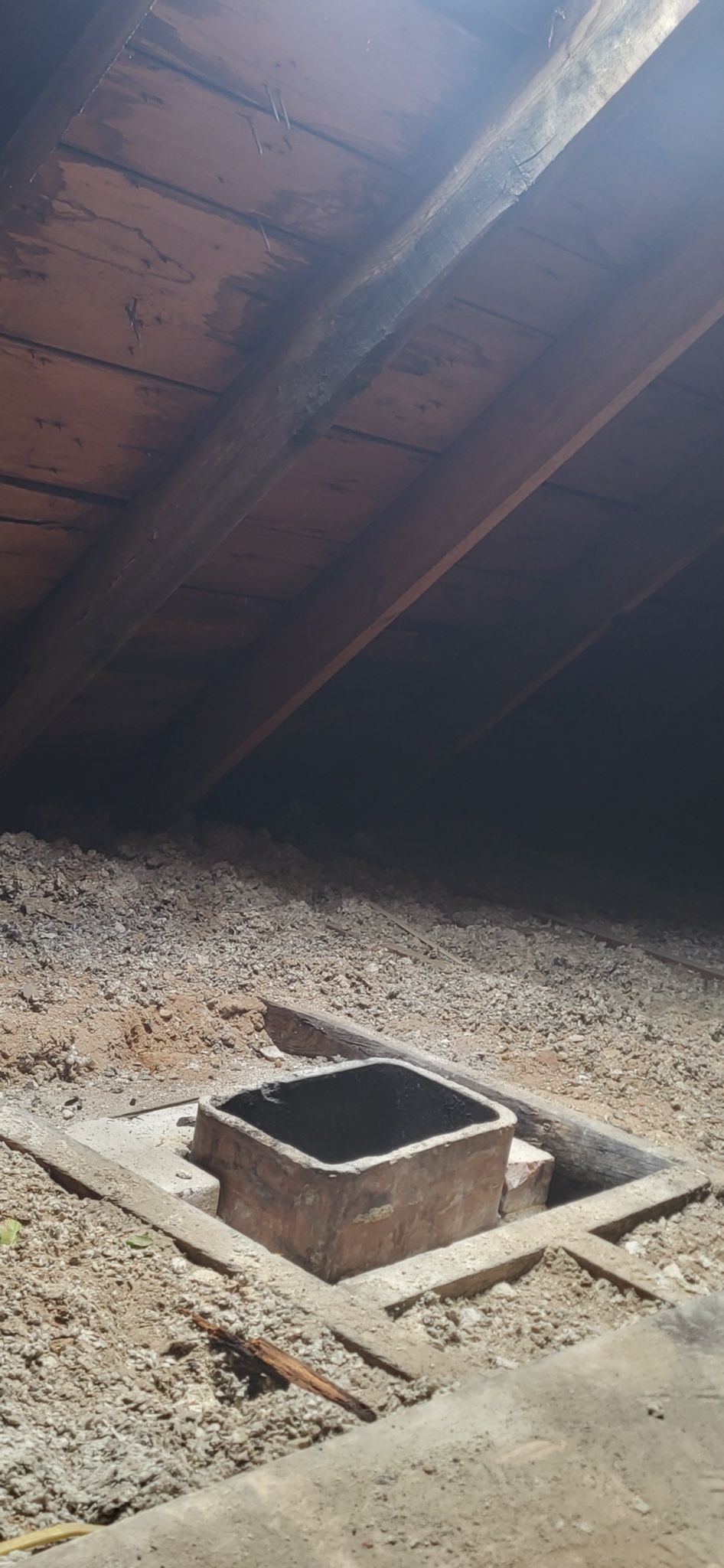 There is a chimney in the attic of a house