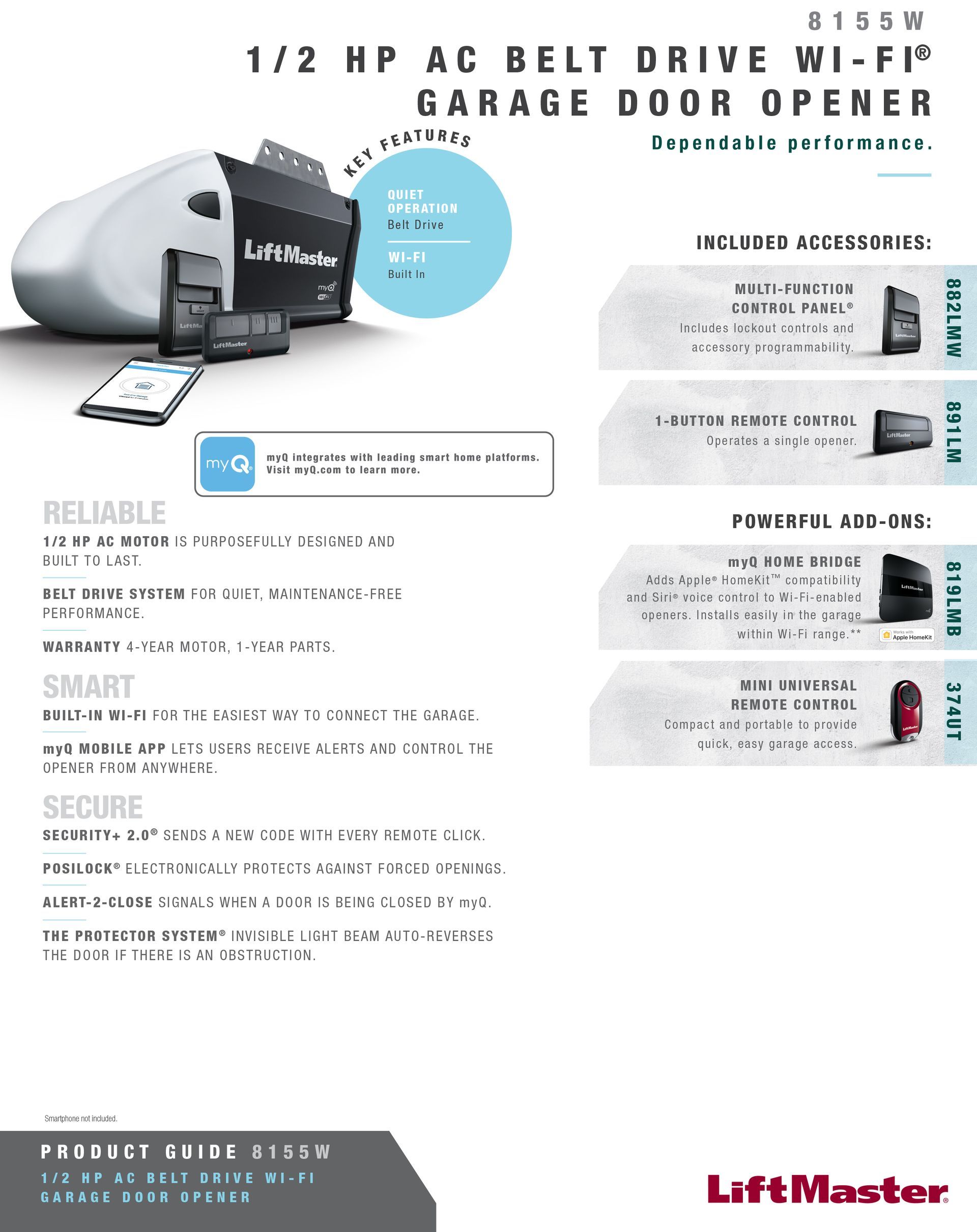 Garage door opener product flyer with a motor unit, remotes, and phone, highlighting features.