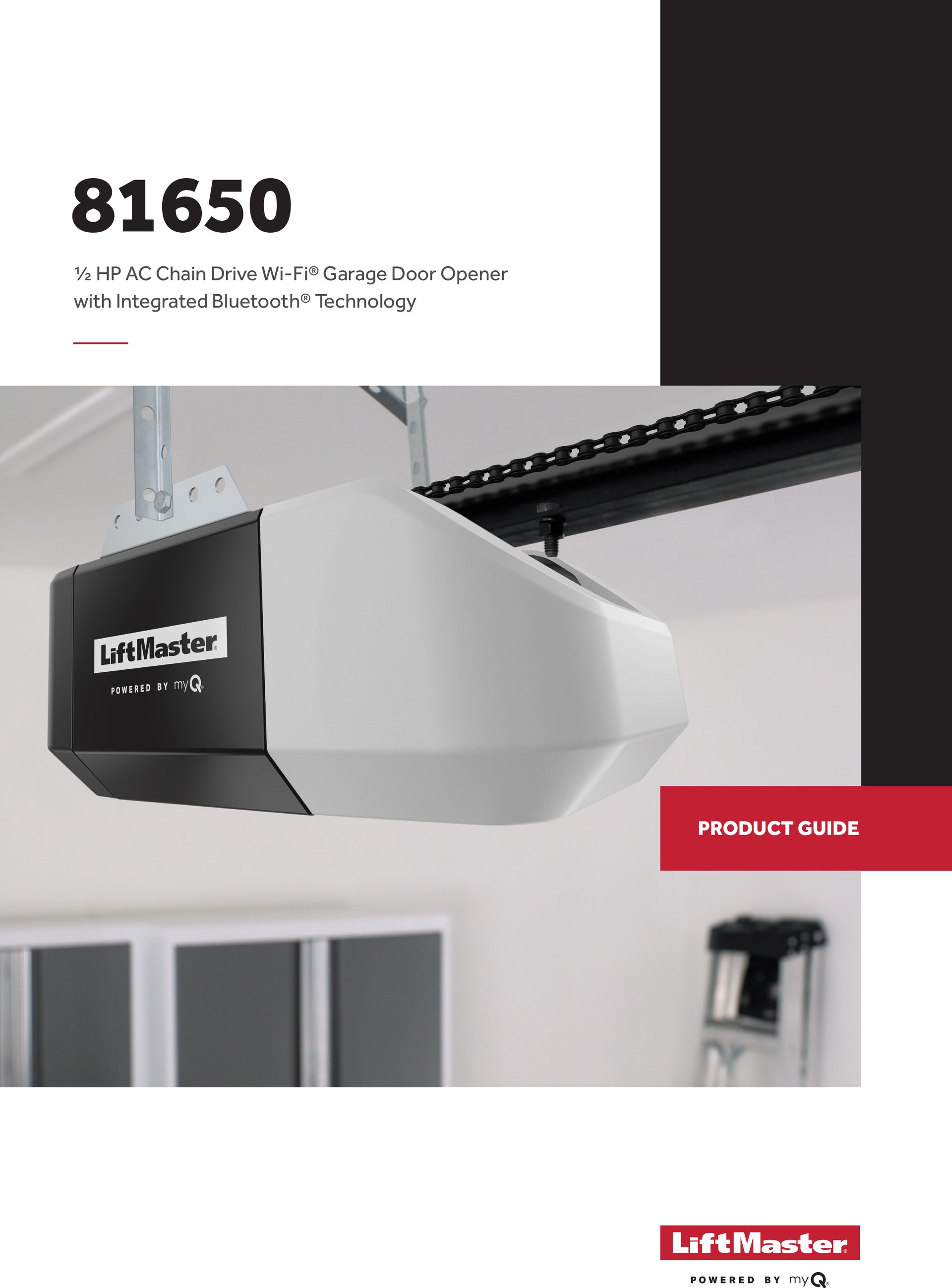 LiftMaster 81650 garage door opener product guide cover; opener with white and black housing mounted on the ceiling.