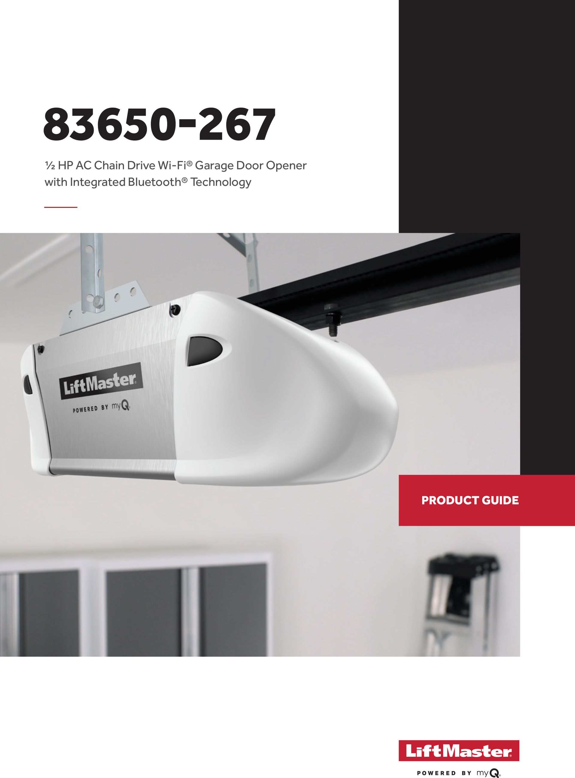 LiftMaster 83650-267 garage door opener product guide cover. White opener with black trim. Red and black background.