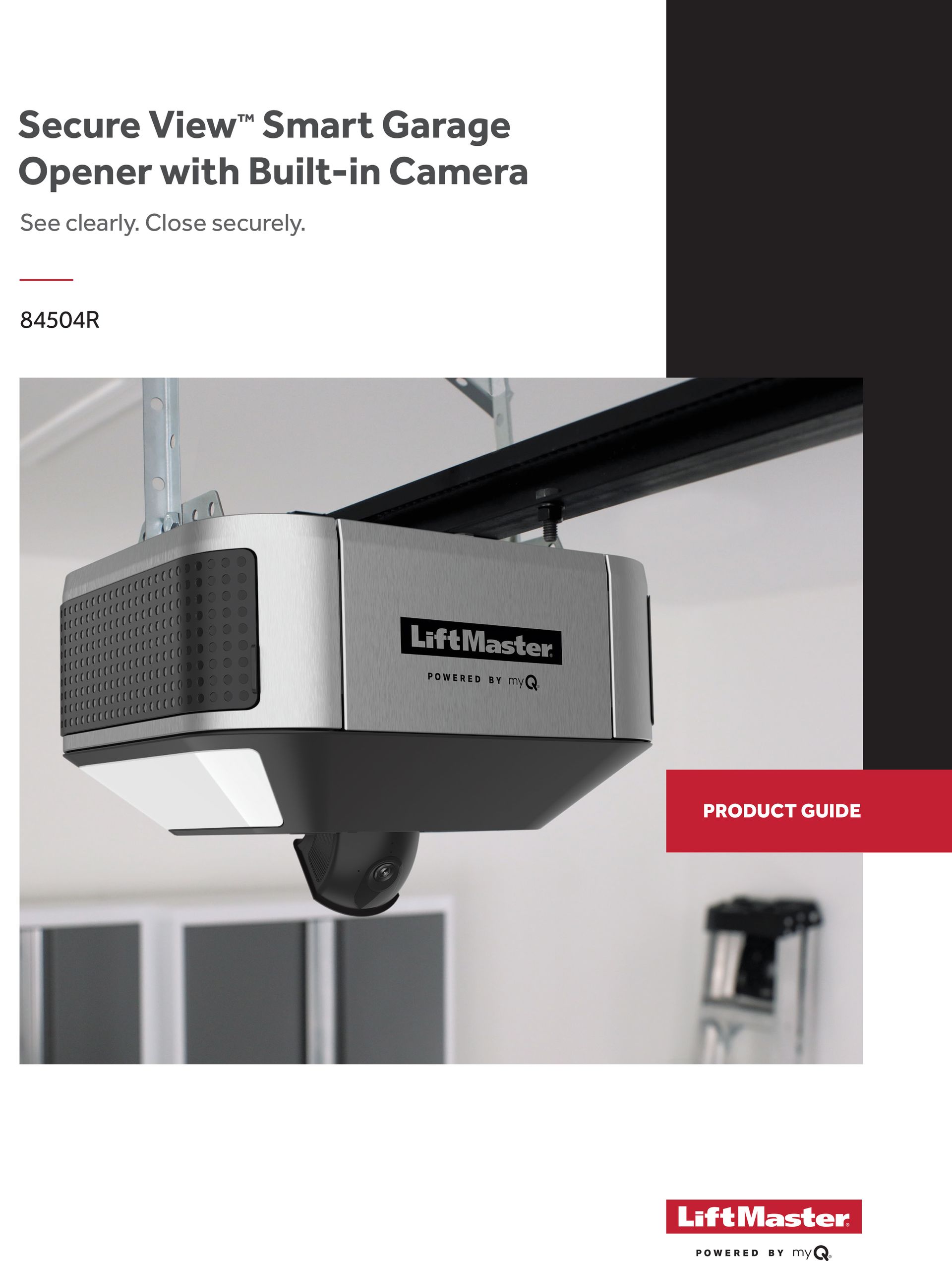 Garage door opener with built-in camera, LiftMaster brand. Product brochure featuring the opener's design and logo.