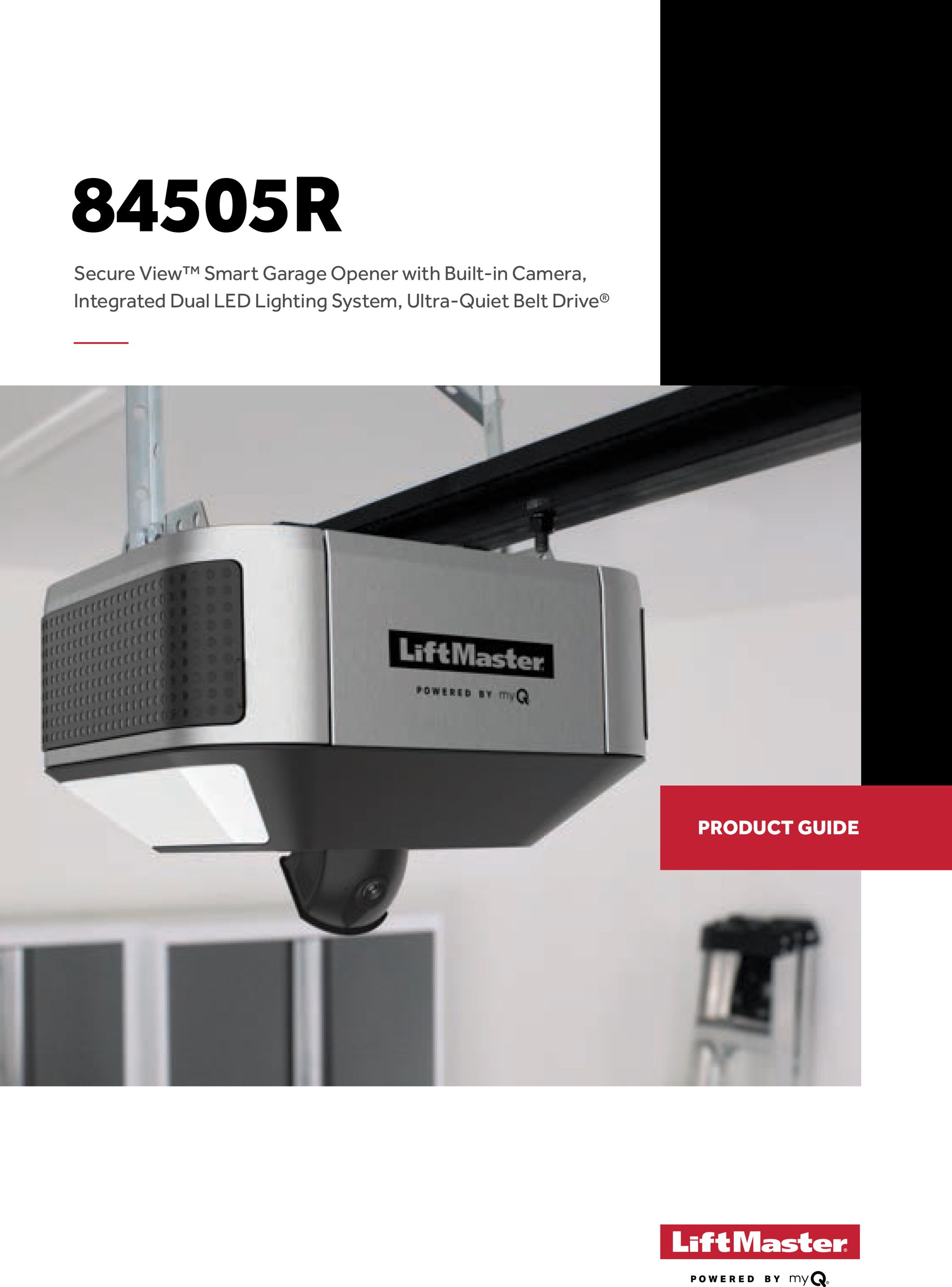 LiftMaster 84505R garage door opener. Silver unit with integrated LED lighting, black rails. Product Guide.