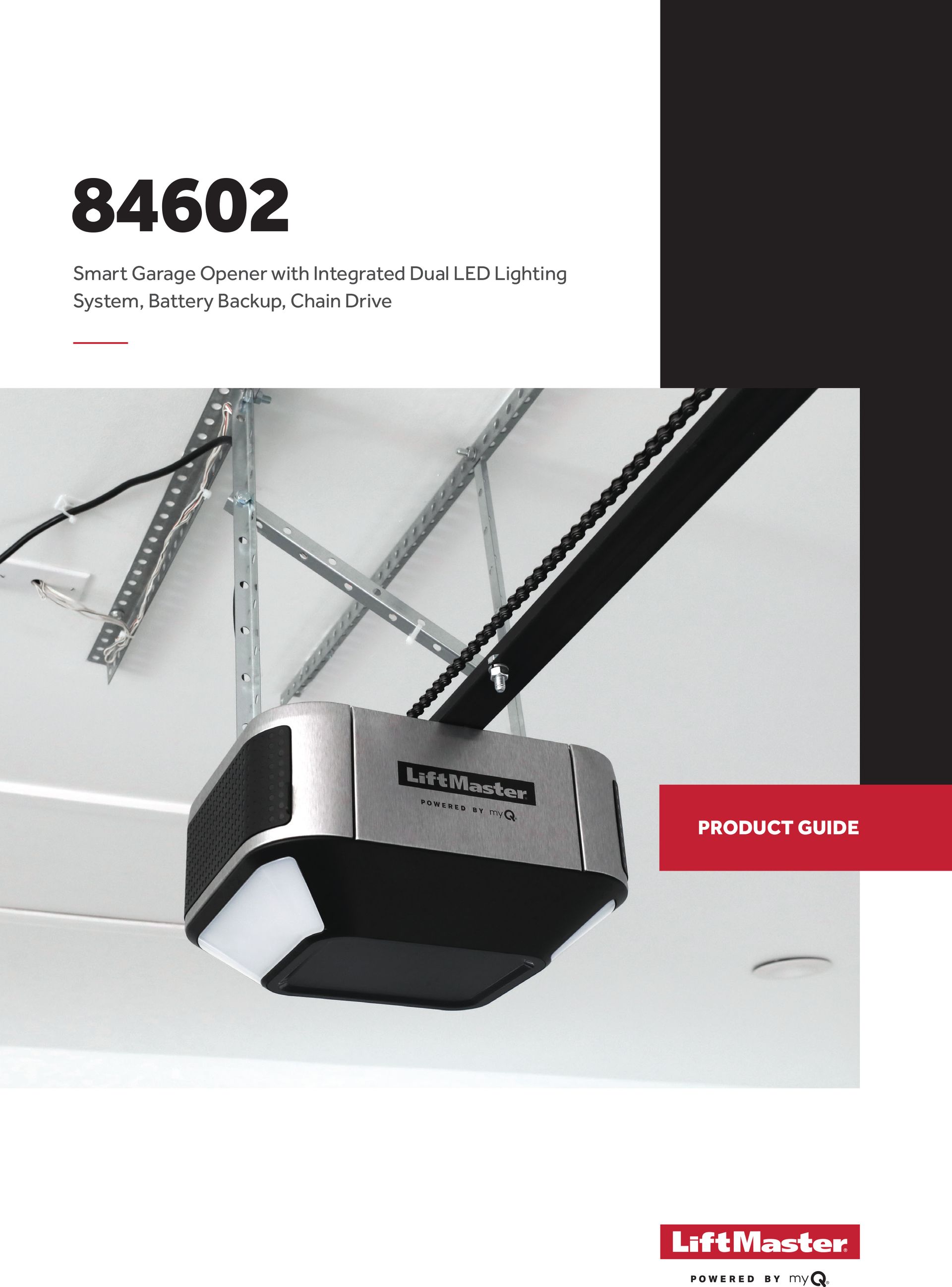 Garage door opener product guide, model 84602, with a silver and black opener against a white ceiling.