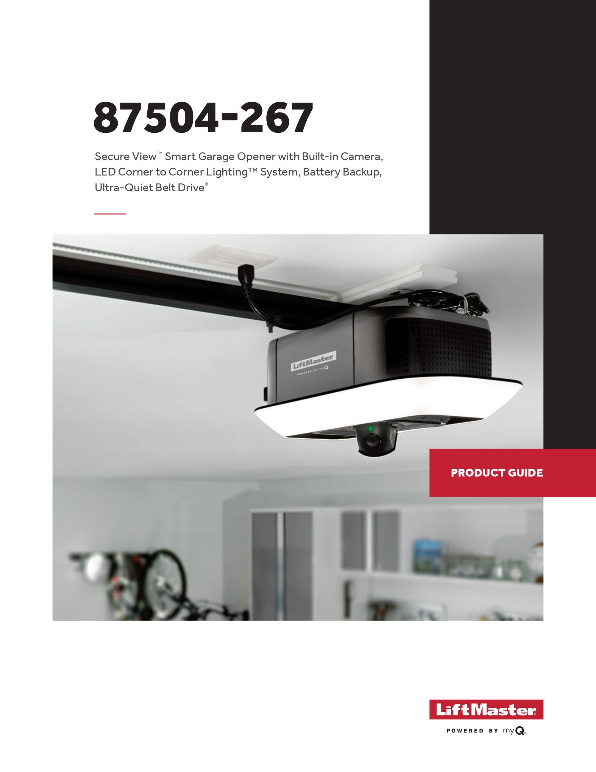 Garage door opener with light and camera, mounted on the ceiling.