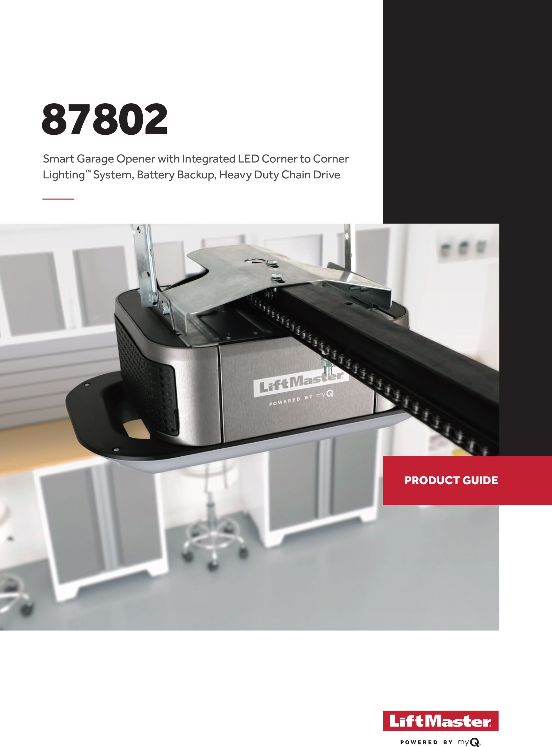Garage door opener product guide. LiftMaster model 87802. Black, silver, and red design.