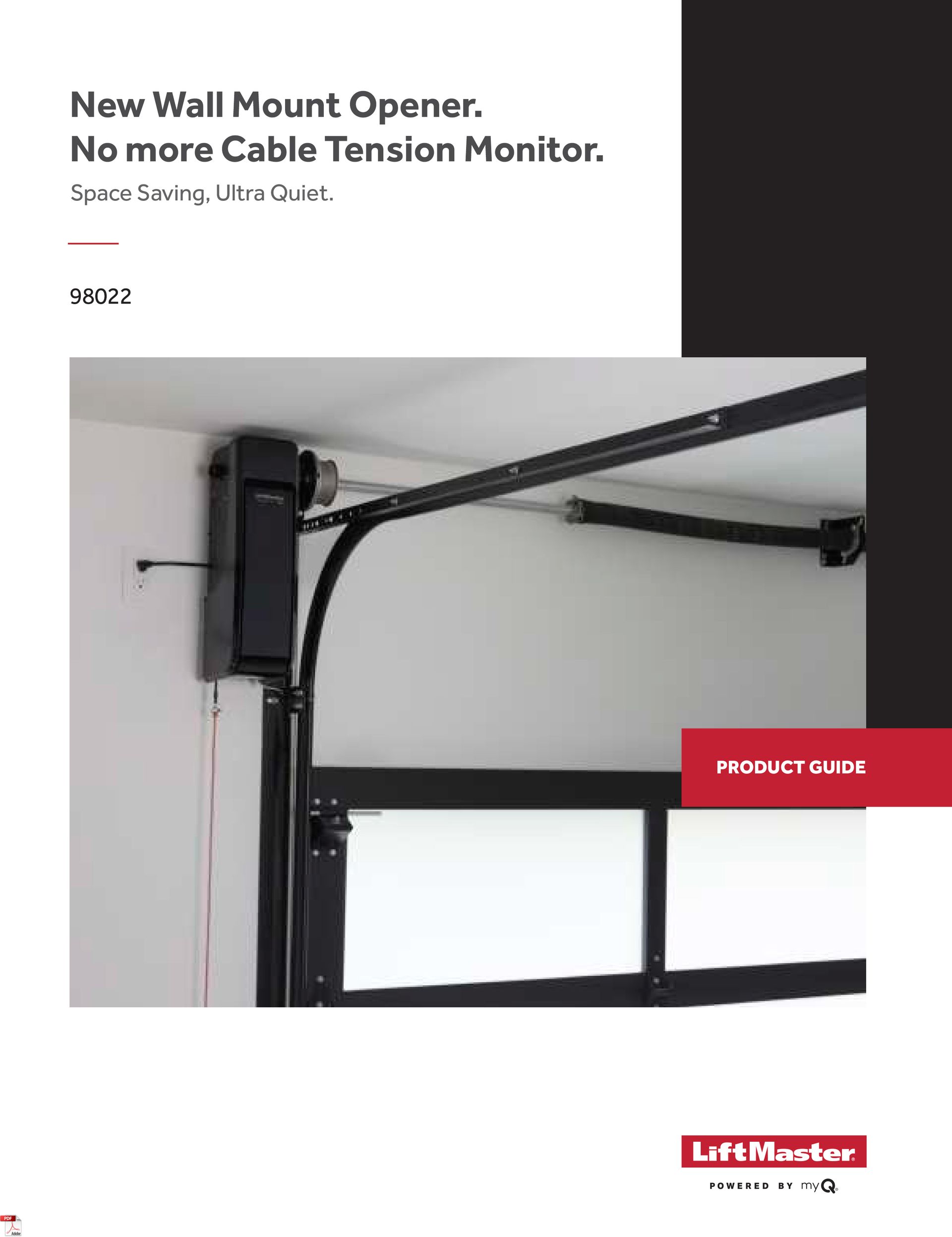 Black garage door opener mounted on a wall. Red text on the right says 