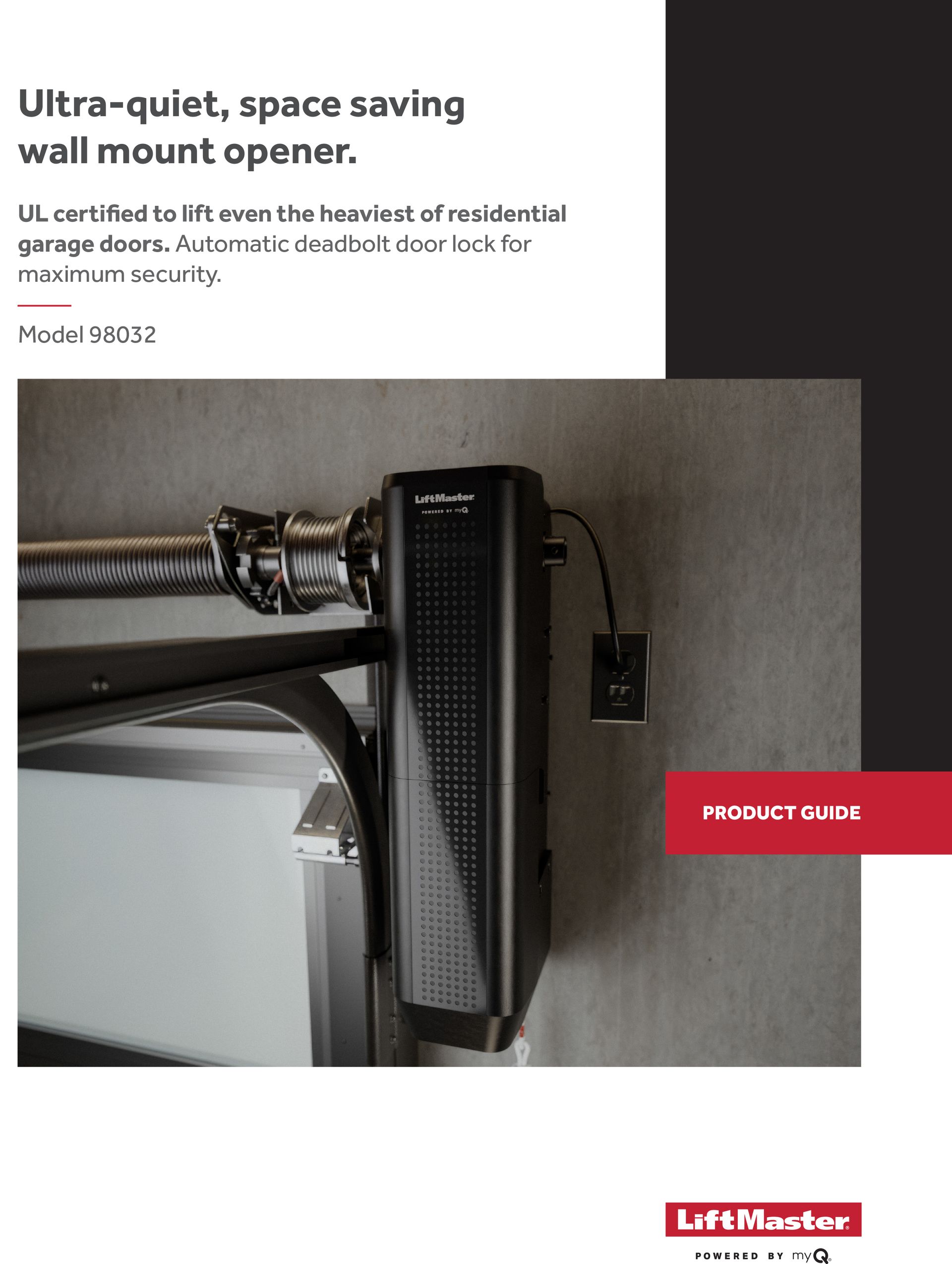 Wall mount garage door opener, black, with LiftMaster logo.