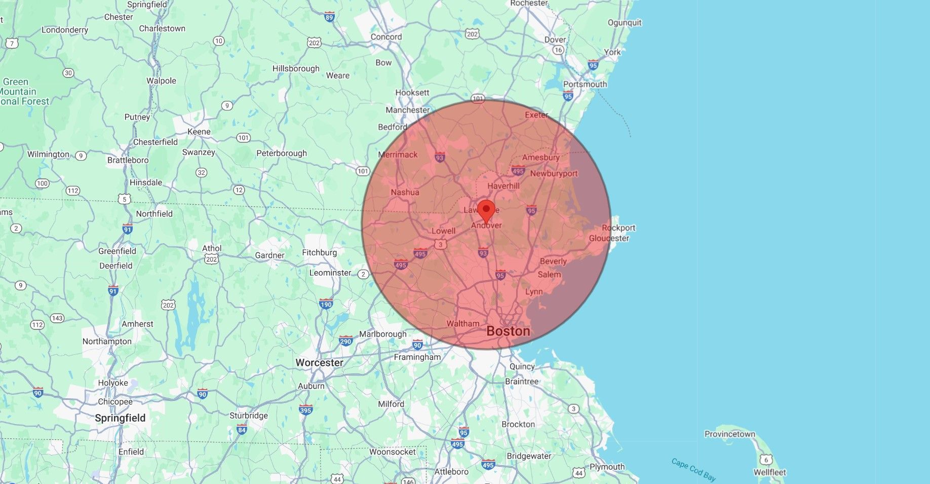 Map with a red circle centered on Boston, MA, indicating an area.