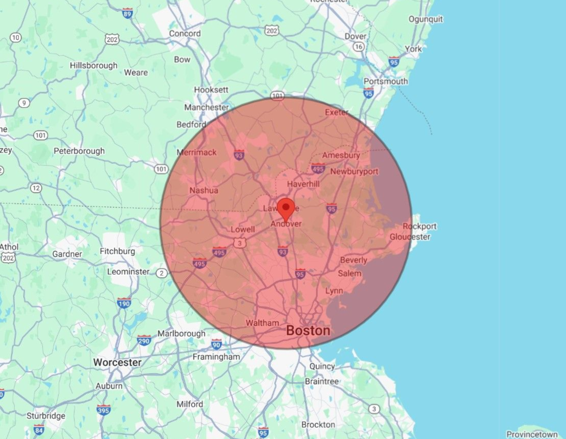Map of Boston area, red circle centered over the city. Major highways and bodies of water visible.