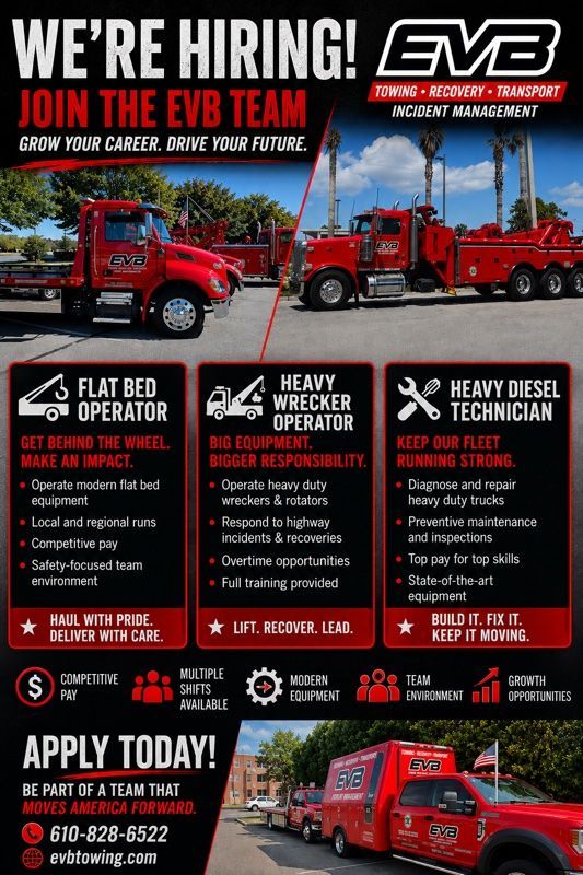 Hiring flyer for EVD team: red tow trucks and three job openings for flatbed, heavy wrecker, and diesel technician.