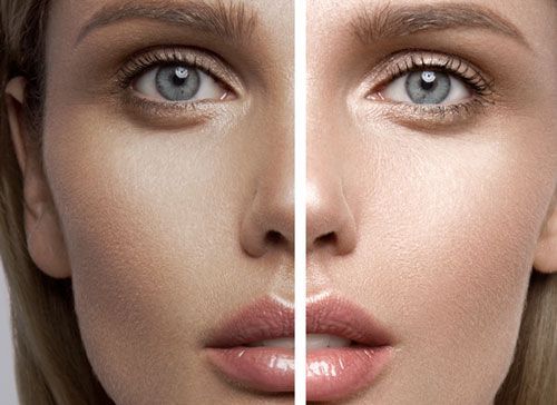 Split-face close-up of a woman with smooth skin, showing natural skin on one side and retouched skin on the other