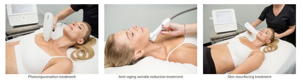 Three-panel medical demo of a chest ultrasound on a patient lying on a bed, with gel and probe visible