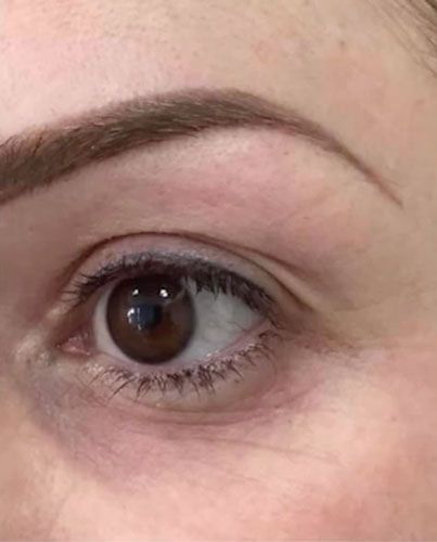 Close-up of a brown eye with a neatly shaped eyebrow and light makeup