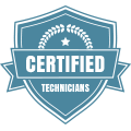 A blue shield with the words `` certified technicians '' written on it.