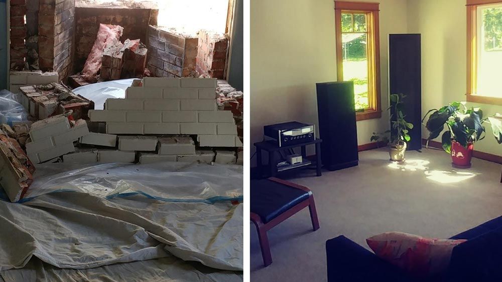 A before and after photo of a living room