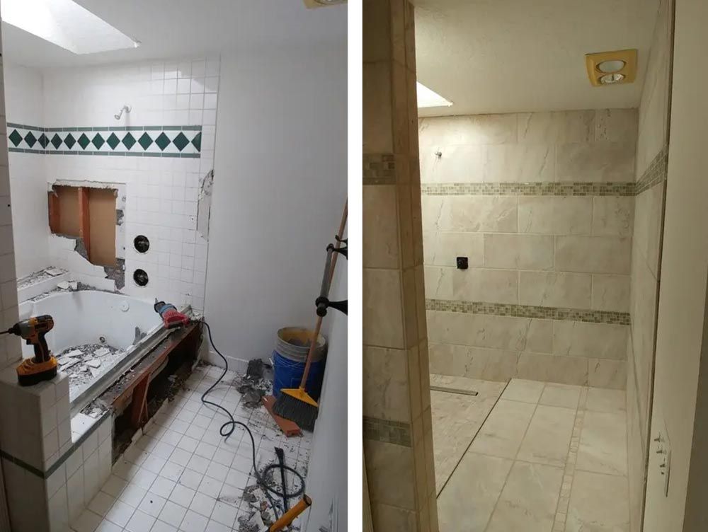 A before and after photo of a bathroom being remodeled.