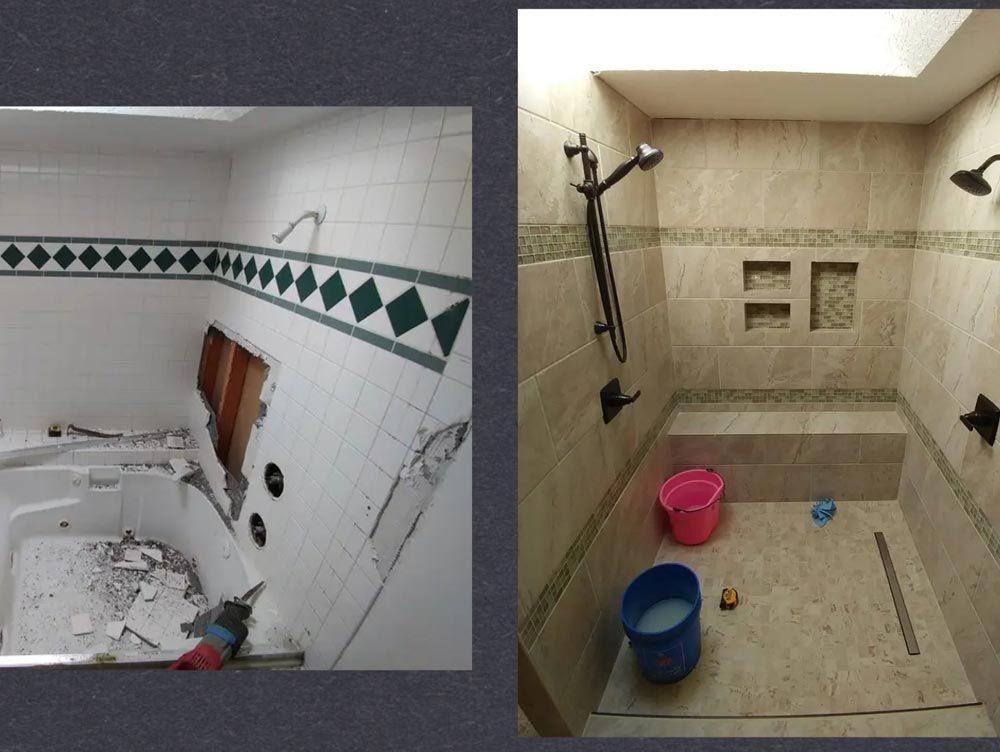 A before and after picture of a bathroom