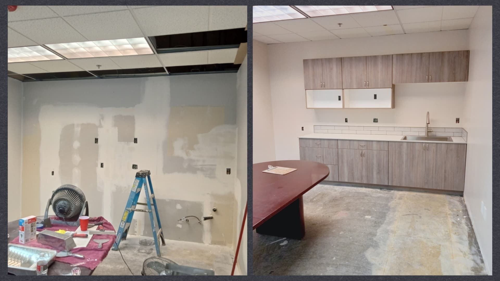 A before-and-after photo of a kitchen being remodeled.