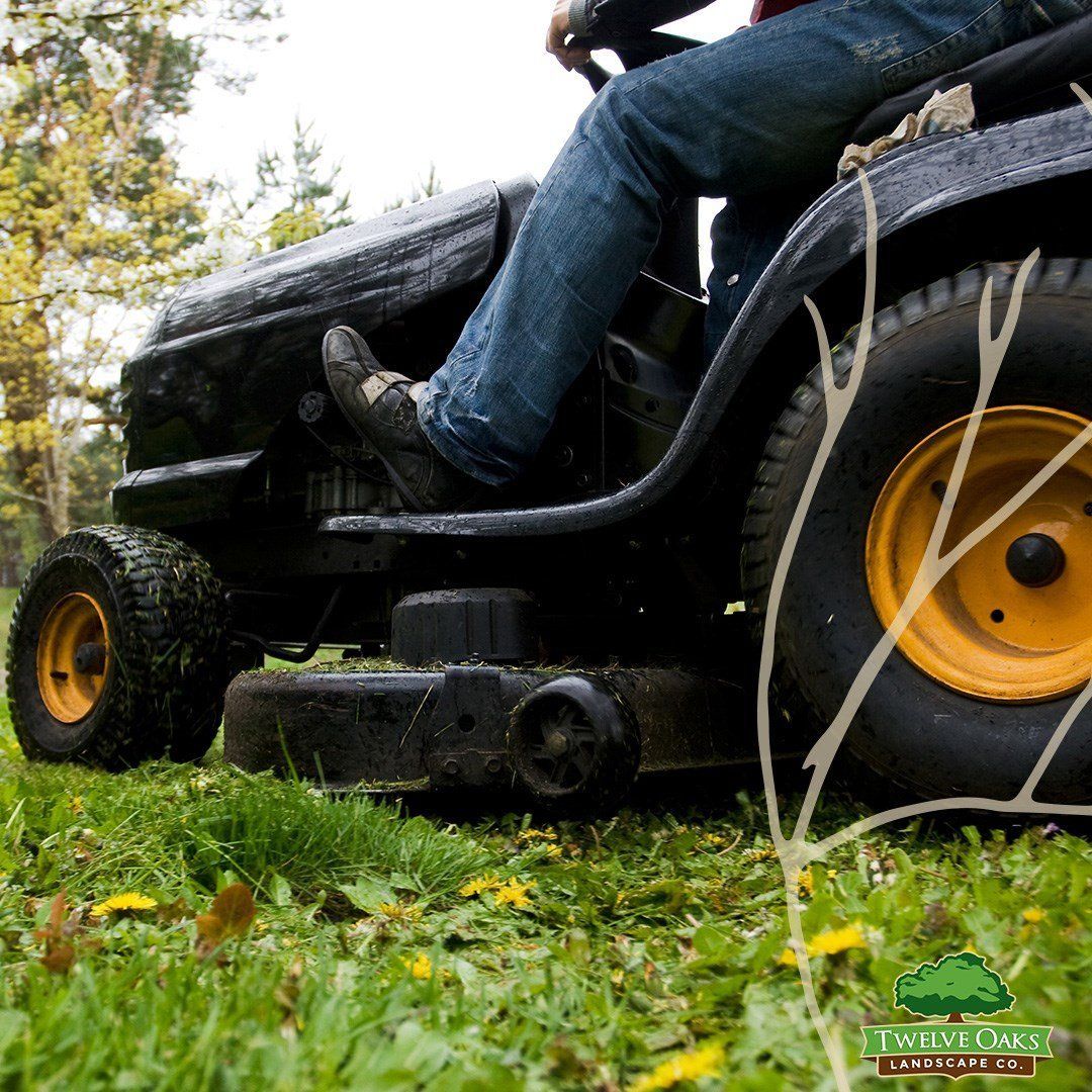 Person on a black riding lawnmower cutting grass in a yard with yellow wheels.