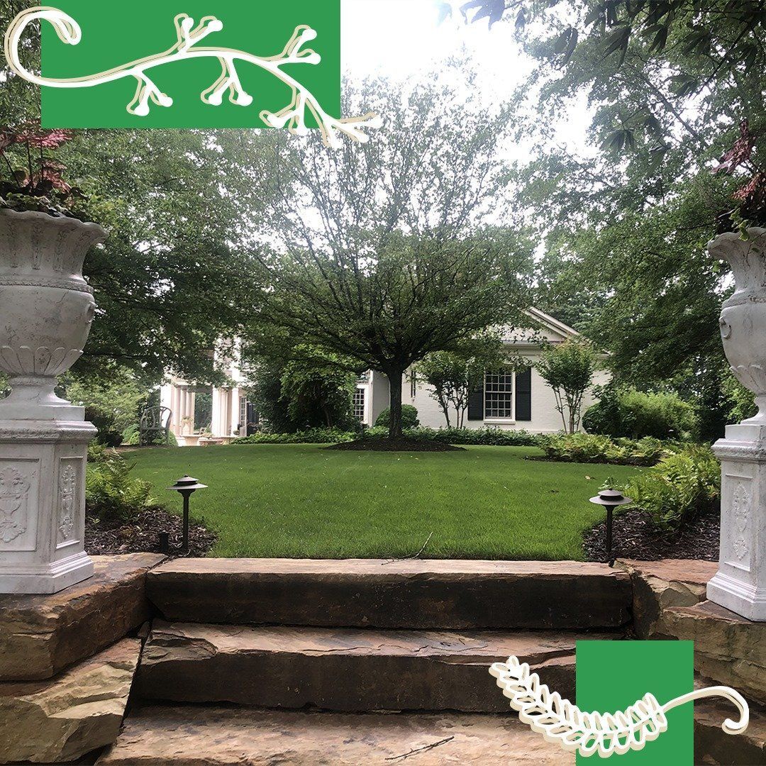 Stone steps lead to a manicured lawn, a white house with black shutters, and trees. Two large planters frame the view.