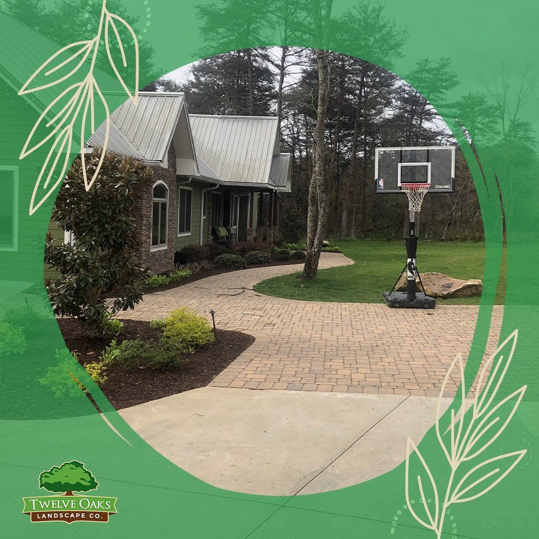House with stone facade and brick pathway, basketball hoop on the lawn, framed by green leaves.
