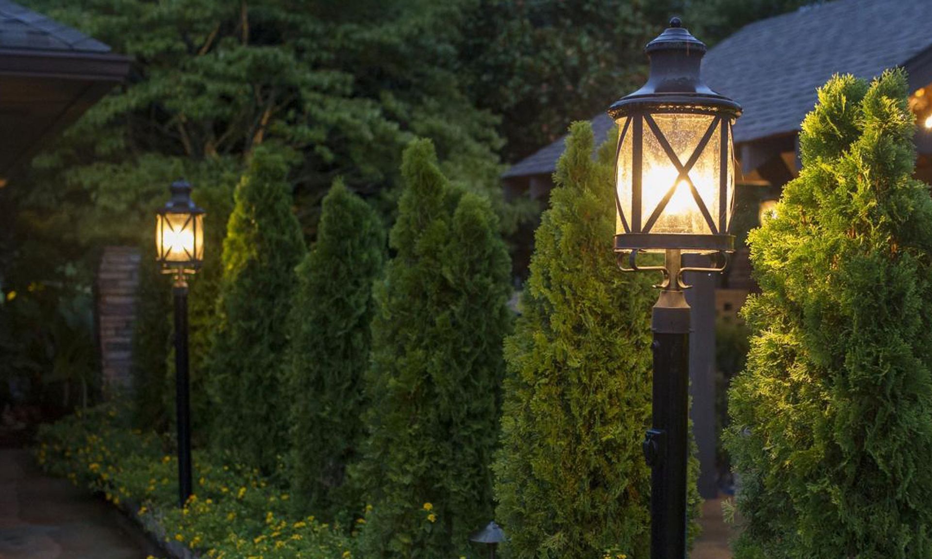 Lined pathway with illuminated black lampposts and evergreen trees. Dusk setting, warm light.