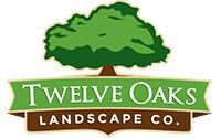 Logo for Twelve Oaks Landscape Co., featuring a green tree above a banner with the company name in white text.