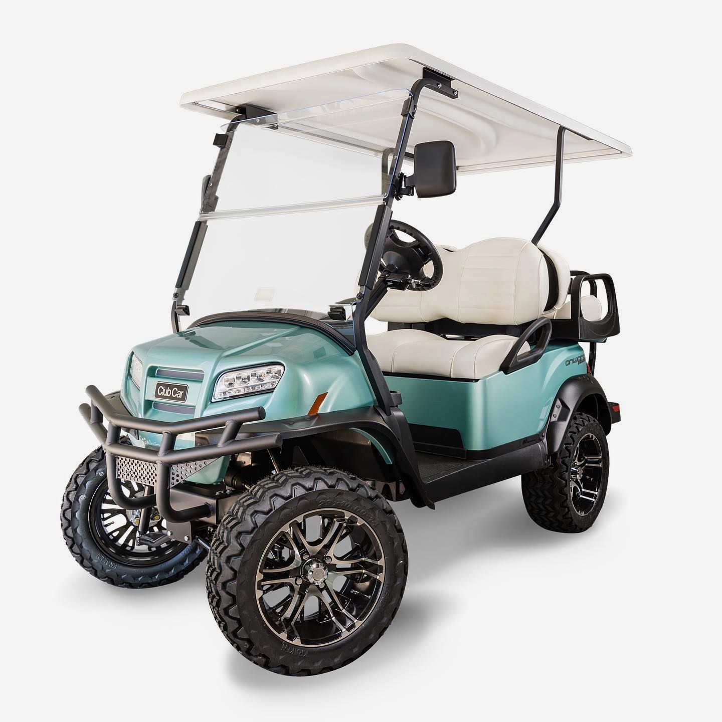 A blue golf cart with a white roof on a white background.
