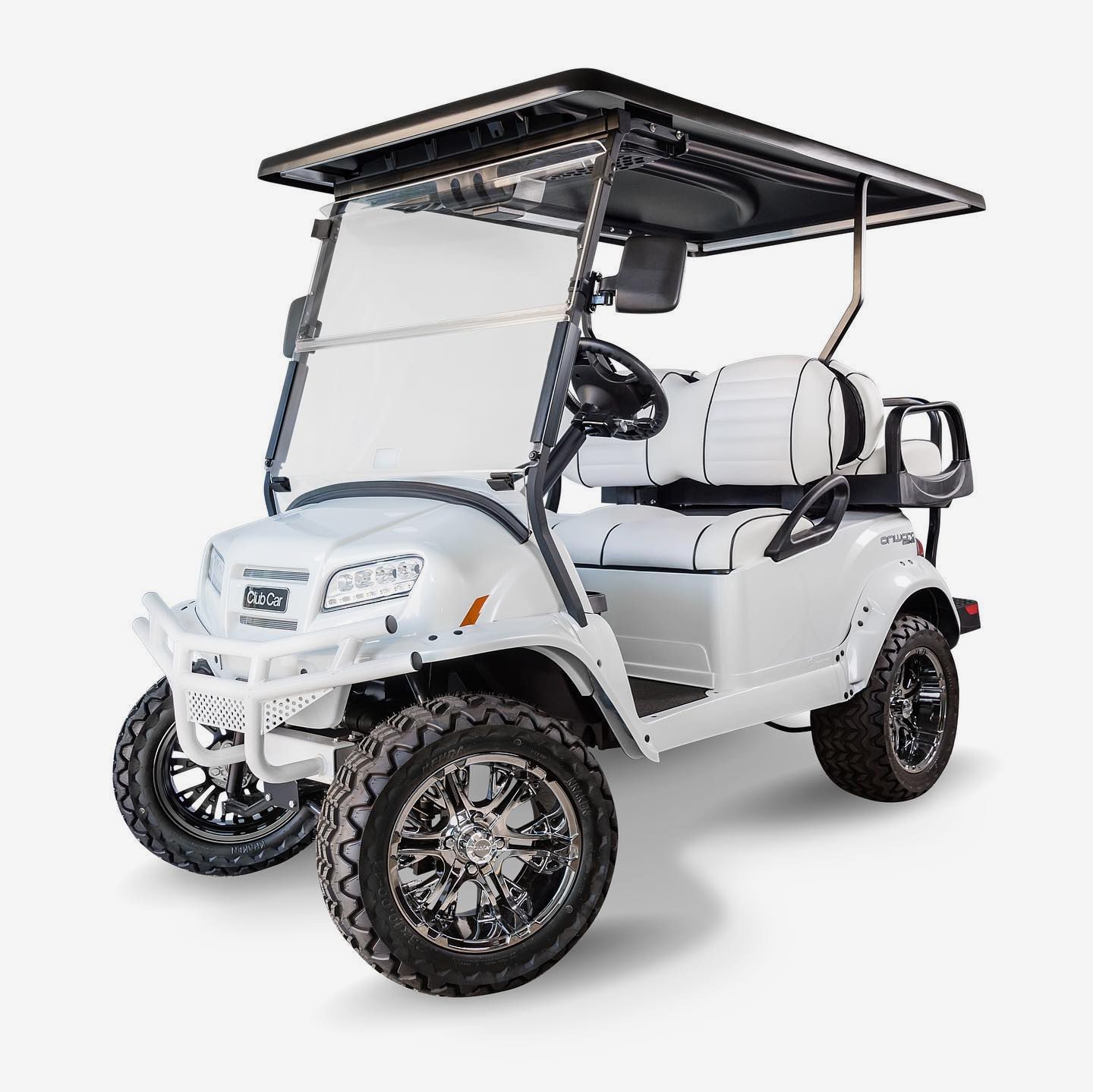 A white golf cart with a black roof on a white background.